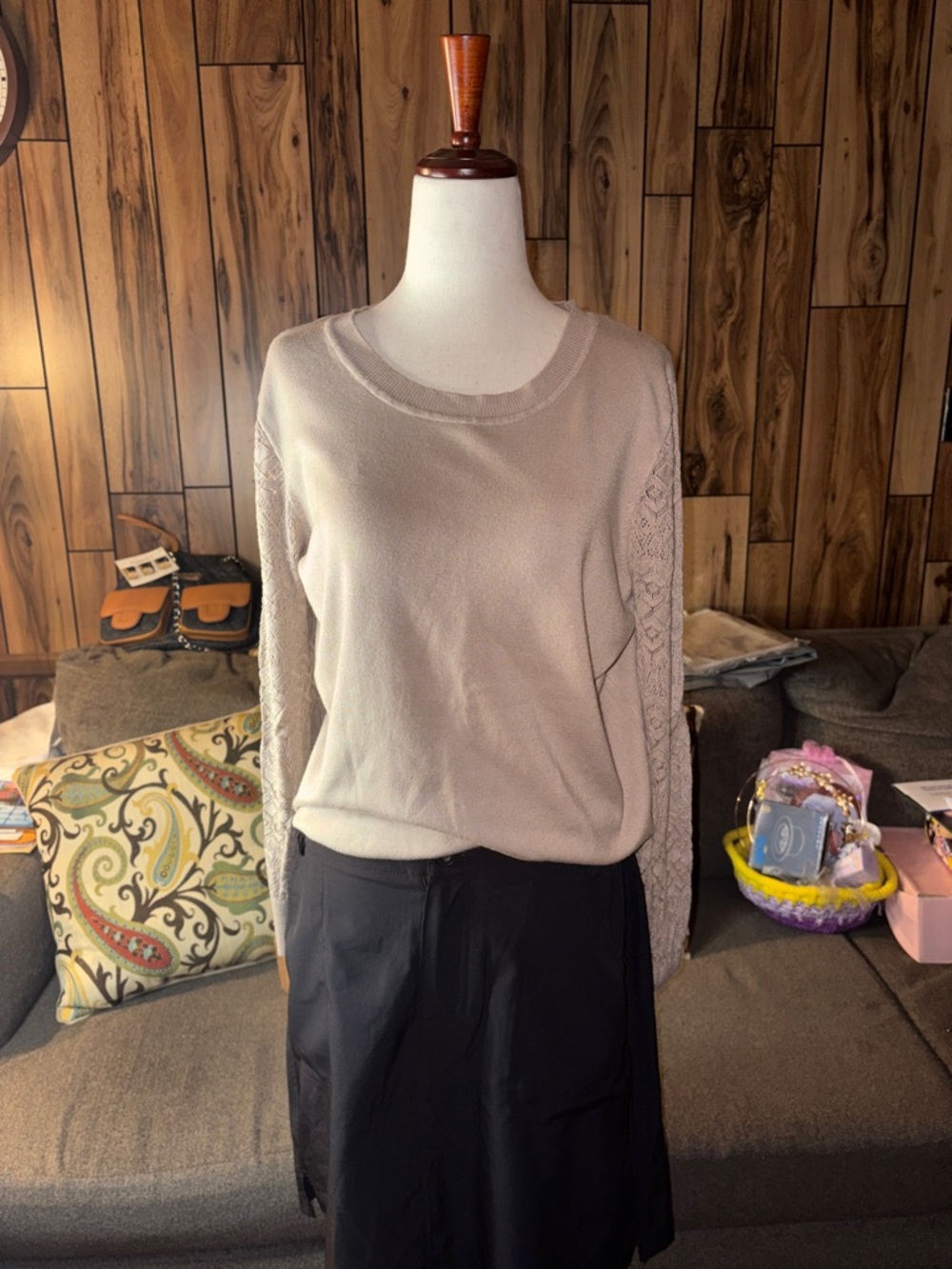 Women's Crewneck Knit Sweater with Lace Sleeves - Cream EUC